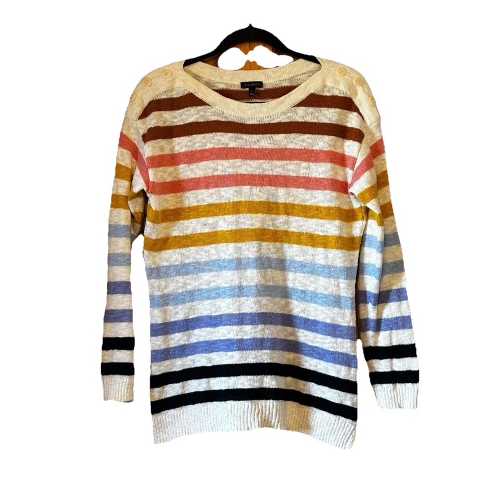 Talbots Colorful Striped Crew Neck Sweater Button Detail Women’s S